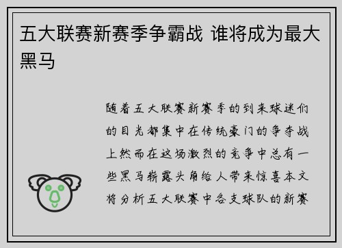 五大联赛新赛季争霸战 谁将成为最大黑马